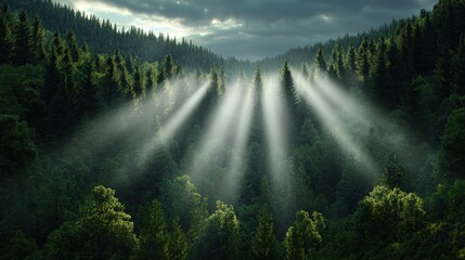 Poster - Sunbeams Through Misty Fir Forest   Nature Photography  Scenic Landscape