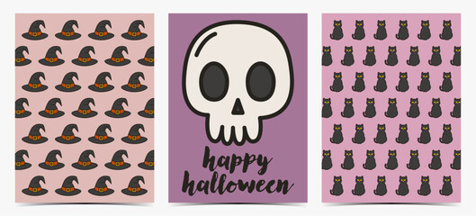 Spooky halloween set of greeting cards, postcards, invitations with skull, black cats and witch hat, pink and purple backgrounds, vector illustration