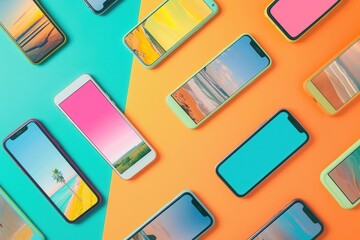 Aufkleber - A collection of smartphones is grouped on a colorful surface, showcasing various short videos and engaging stories for viewers. Generative AI