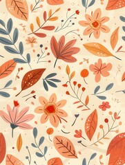 Wall Mural - A beautiful arrangement of autumn leaves and flowers in warm hues provides a cheerful backdrop for fall festivities. Generative AI