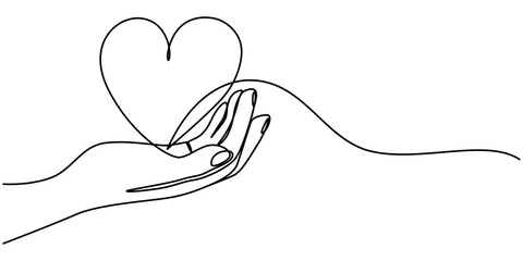 Wall Mural - Human arm holding one hearts line continuous drawn. continuous line drawing. Hand hold one hearts in line style, Hand Holding Heart, Valentines day holiday, relationships and marriage concept. Vector