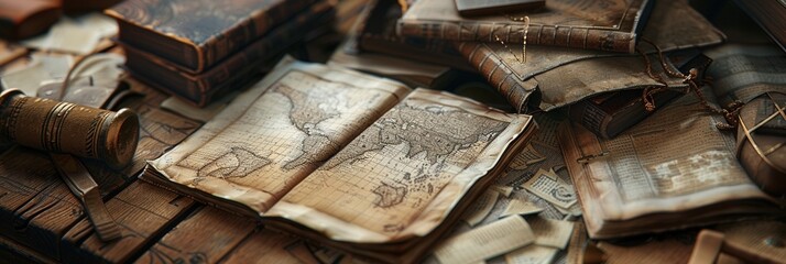 Poster - A collection of ancient books, scrolls, and detailed maps meticulously arranged on a rustic wooden table, representing a rich history. Generative AI
