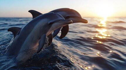 Poster - Dolphins Jumping at Sunset   Ocean Wildlife Photography