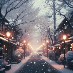 Snowflakes falling softly on a quiet street