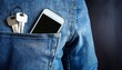 © Shousei - デニムのジーンズのポケットからスマートフォンや鍵が少しだけ見えている。ポケットの周りに広がる生地部分がコピースペースとなり、広告メッセージを挿入できる