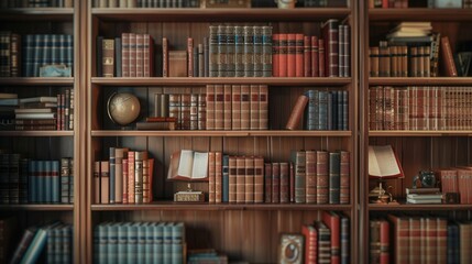 Fototapete - Wooden shelves display an extensive collection of textbooks and academic literature, creating a welcoming study environment. Generative AI