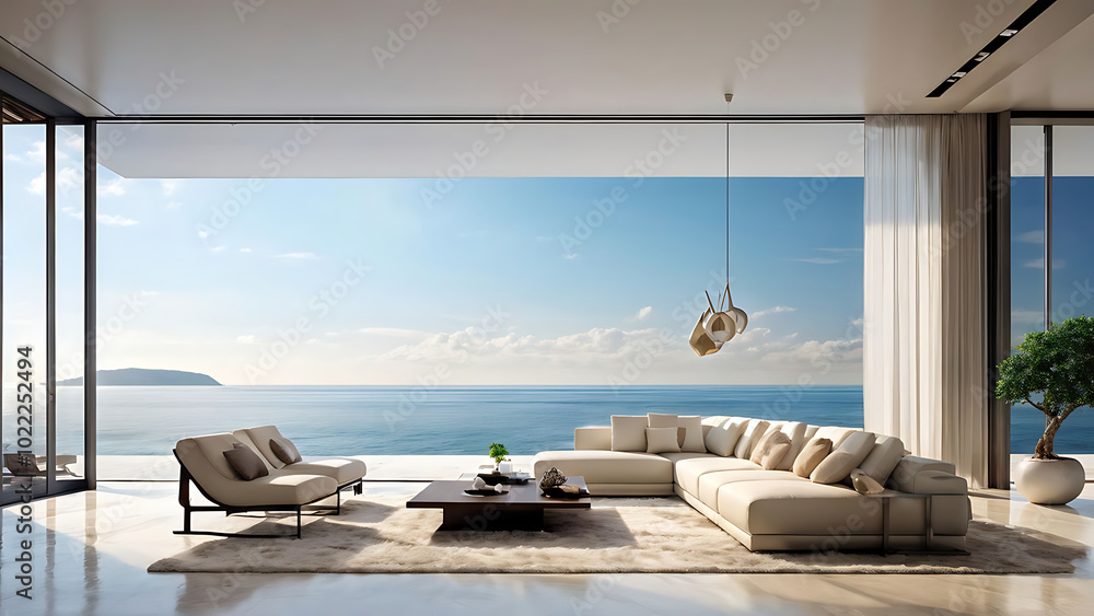 Luxury architecture, ocean front property landscape. Modern living room ...