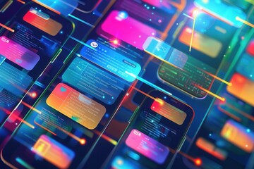 Fototapete - Multiple smartphone screens display colorful stories and engaging short clips, showcasing vibrant content in a lively atmosphere. Generative AI