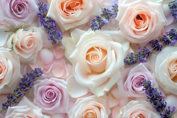 Wall Mural - Delicate roses in shades of pink and cream mingle with fragrant lavender, creating a soothing and harmonious floral display. Generative AI