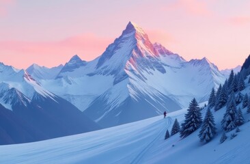 Wall Mural - snow-covered mountain peak at sunset with lone adventurer hiking along the scenic snowy landscape
