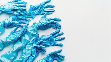 Fototapete - Sterile blue medical gloves are carefully laid out on a spotless white background, emphasizing their importance for hygiene and safety. Generative AI
