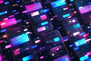 Fototapete - Multiple smartphone screens showcase vibrant stories and short videos, creating an immersive digital landscape of content. Generative AI
