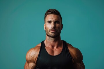 Wall Mural - Muscular man with a calm, determined expression, solid color background representing the integration of physical fitness and mental sharpness, ideal for gym promotions