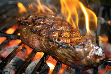 Wall Mural - Juicy beef steak over a bed of hot coals, flames dancing