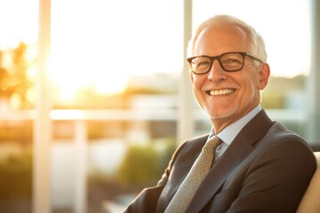 High-resolution brightly lit photorealistic candid photograph of a joyful senior businessman, styled in a high-end lifestyle magazine. The bright, happy setting reflects his cheerful demeanor.