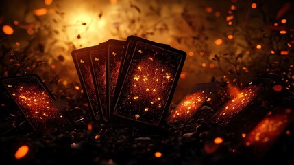 Colorful tarot cards scattered with magical sparkles and glowing background.