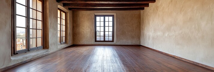 A rustic empty room with rough-textured stucco walls, dark wood beams on the ceiling, and wide plank wooden floors, creating a warm and organic background in panoramic format