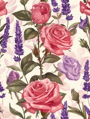 Wall Mural - This colorful pattern features blooming roses and lavender, creating a harmonious floral display ideal for home decor or artistic designs. Generative AI