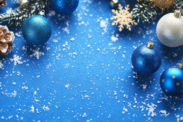 Wall Mural - Vibrant blue Christmas background adorned with snowflakes and colorful ornaments celebrating the festive winter season