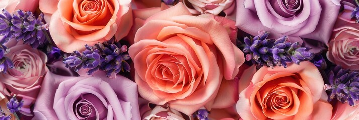 Sticker - Roses in various shades of peach and lavender intertwine with sprigs of fragrant lavender, creating a stunning floral arrangement. Generative AI