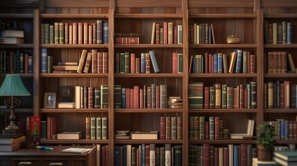 Fototapete - The wooden shelves display an extensive array of textbooks and academic literature, creating a warm and inviting study atmosphere. Generative AI