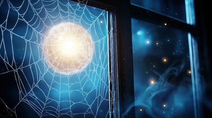 Wall Mural - Close-up of detailed spider webs glistening in the moonlight, stretched across a creepy old window, perfect for a haunted Halloween background.