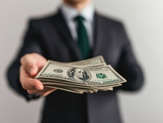 A businessman in a suit confidently handing cash, representing financial success and transaction.