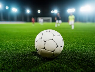 A close-up of a soccer ball on the field during a night game, illuminated by bright stadium lights, captures the excitement of sports.