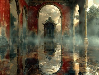 Poster - Mystical Hallway with Flooded Floor and Ornate Doorway