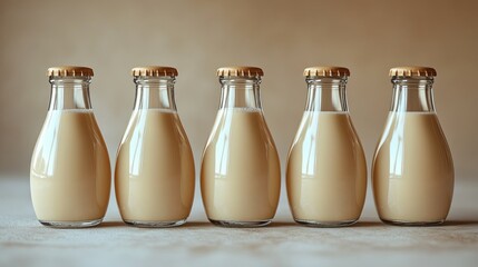 Five glass bottles filled with creamy milk on a neutral background.