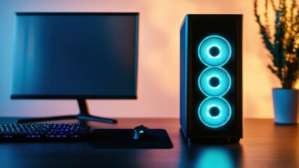 A modern computer setup featuring a sleek CPU tower with vibrant blue LED lights and a minimalist monitor on a wooden desk.