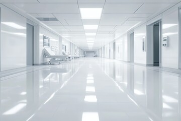 Clean and sterile hospital corridor with bright lighting during daytime showcasing modern medical architecture