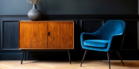 A stylish interior with a mid-century modern wooden cabinet and a plush velvet armchair in deep blue, creating a luxurious yet understated living room setup