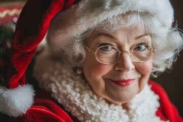 Wall Mural - Mrs. Santa Claus shares holiday cheer with a warm smile, bringing joy during the Christmas season