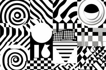 Poster - Abstract black and white geometric pattern with circles, stripes, and squares.