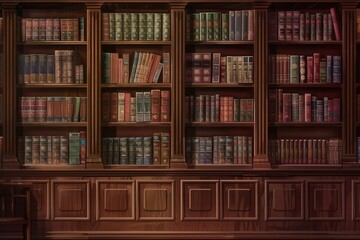 Poster - A cozy study space features wooden shelves brimming with textbooks and academic literature, perfect for research and learning. Generative AI