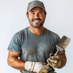 Smiling landscaper holding shovel on white background