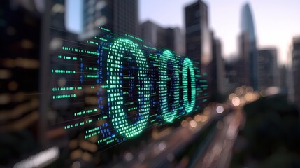 Futuristic Cityscape with Glowing Binary Code Display
