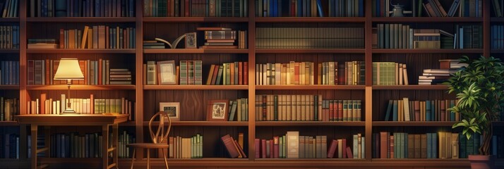 Fototapete - A study area features meticulously arranged wooden shelves filled with textbooks and academic literature alongside a warm reading light. Generative AI