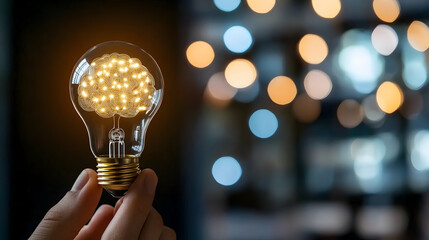 Wall Mural - A hand holds a lightbulb with a glowing brain inside. The background is blurred with warm lights.