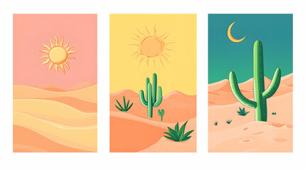 A set of three illustrations depicting a desert landscape, with a sun, cactus, and moon.