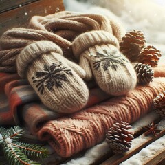 Wall Mural - Warm scarf and mittens resting on a wooden bench in the snow