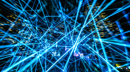 Poster - A long exposure photograph of blue light streaks against a blurred city skyline at night.