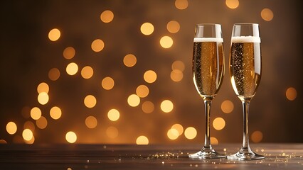 Two glasses of champagne with bubbles on a festive bokeh background featuring golden lights and Christmas decorations, creating a celebratory and elegant atmosphere for the holidays