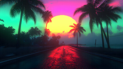 Sticker - A retro-style sunset over a tropical road with palm trees.