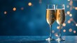 © FREED - Two glasses of champagne with bubbles on a festive blue background featuring golden lights, creating a celebratory and elegant atmosphere for Christmas and New Year's festivities