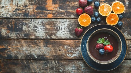 Fresh Fruits with Dark Chocolate on Rustic Table