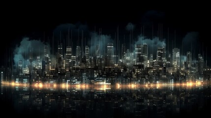 A city skyline is shown in a dark, moody atmosphere