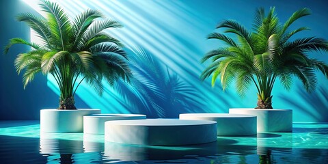 A vibrant blue scene features three water podiums adorned with palm shadows, capturing the essence of nature's beauty and creating a peaceful, inviting ambiance.