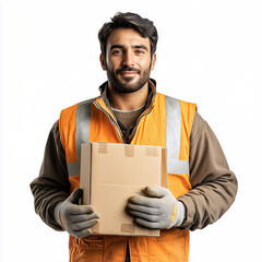 Warehouse worker smiling with box on white background